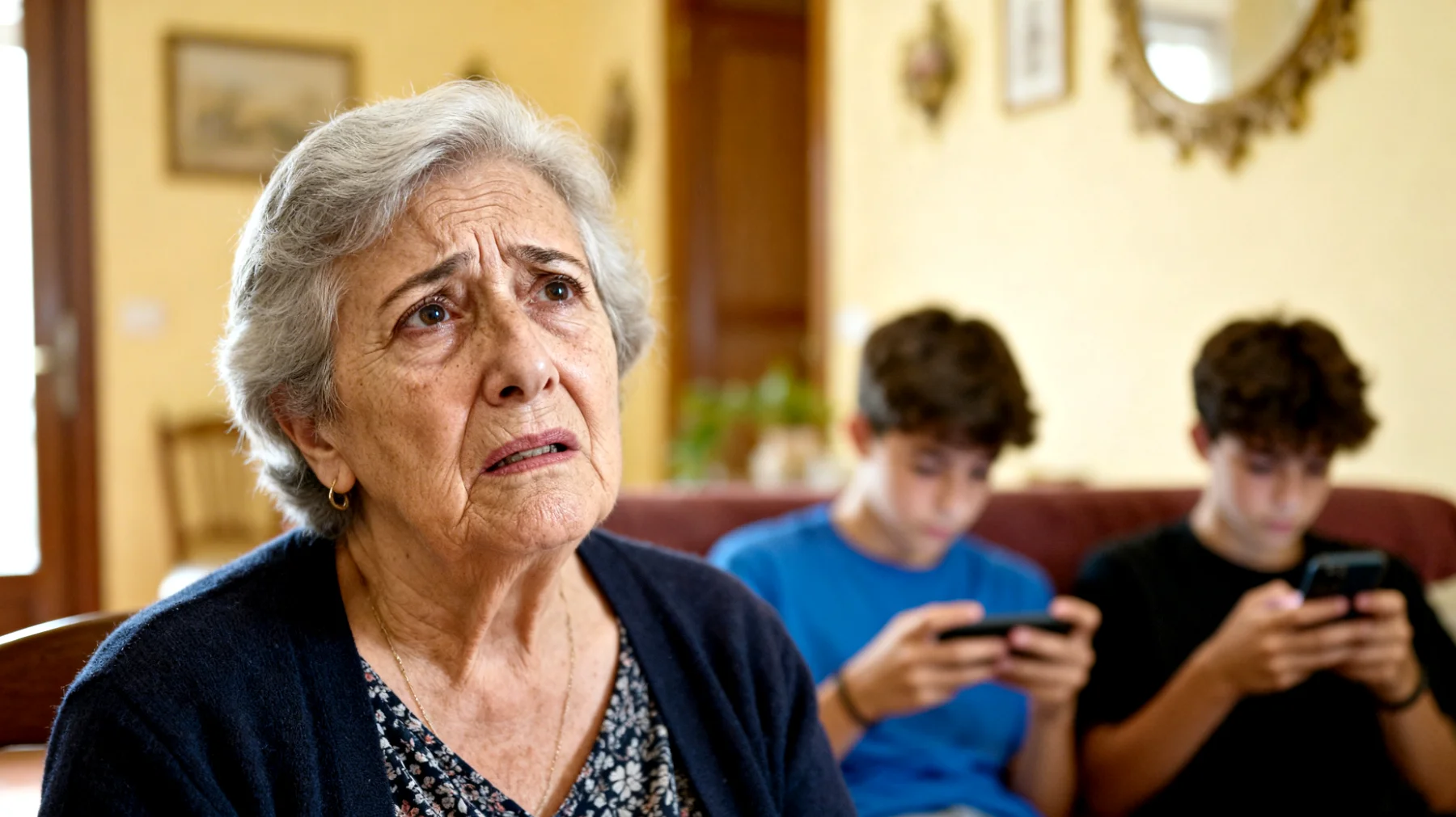 Nonna preoccupata per l'uso eccessivo e rischioso dei social media da parte dei nipoti adolescenti, con difficoltà nel capire le dinamiche online e nel dialogare efficacemente sui pericoli del web"